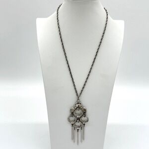 Vintage JJ Jonette Silver Tone Statement Necklace Fringe Pendant Mod Boho
